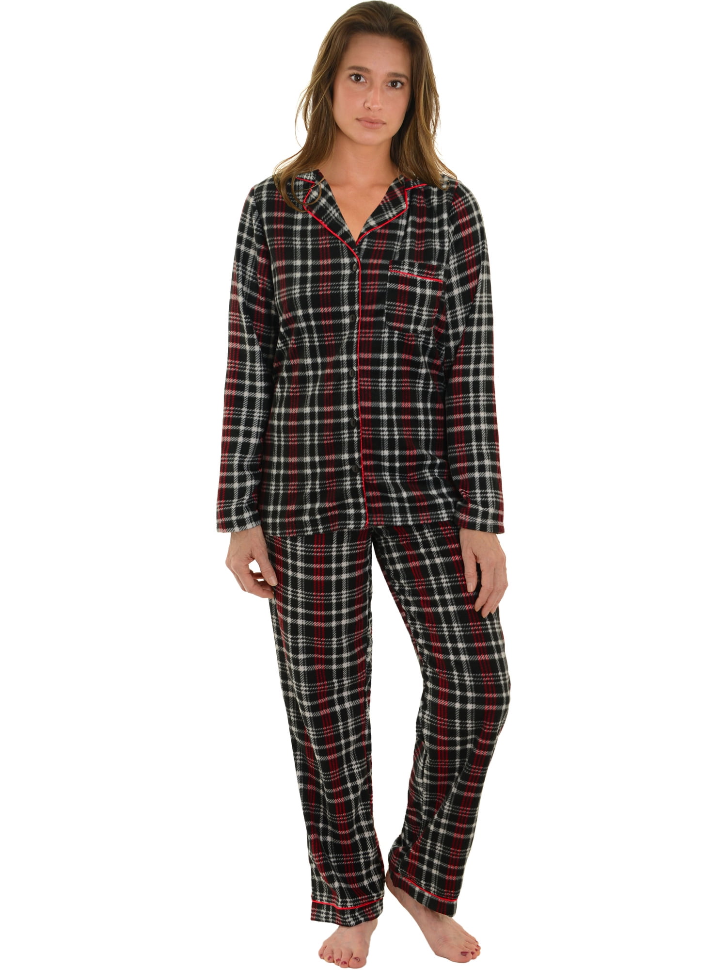 red and black plaid pajama joggers