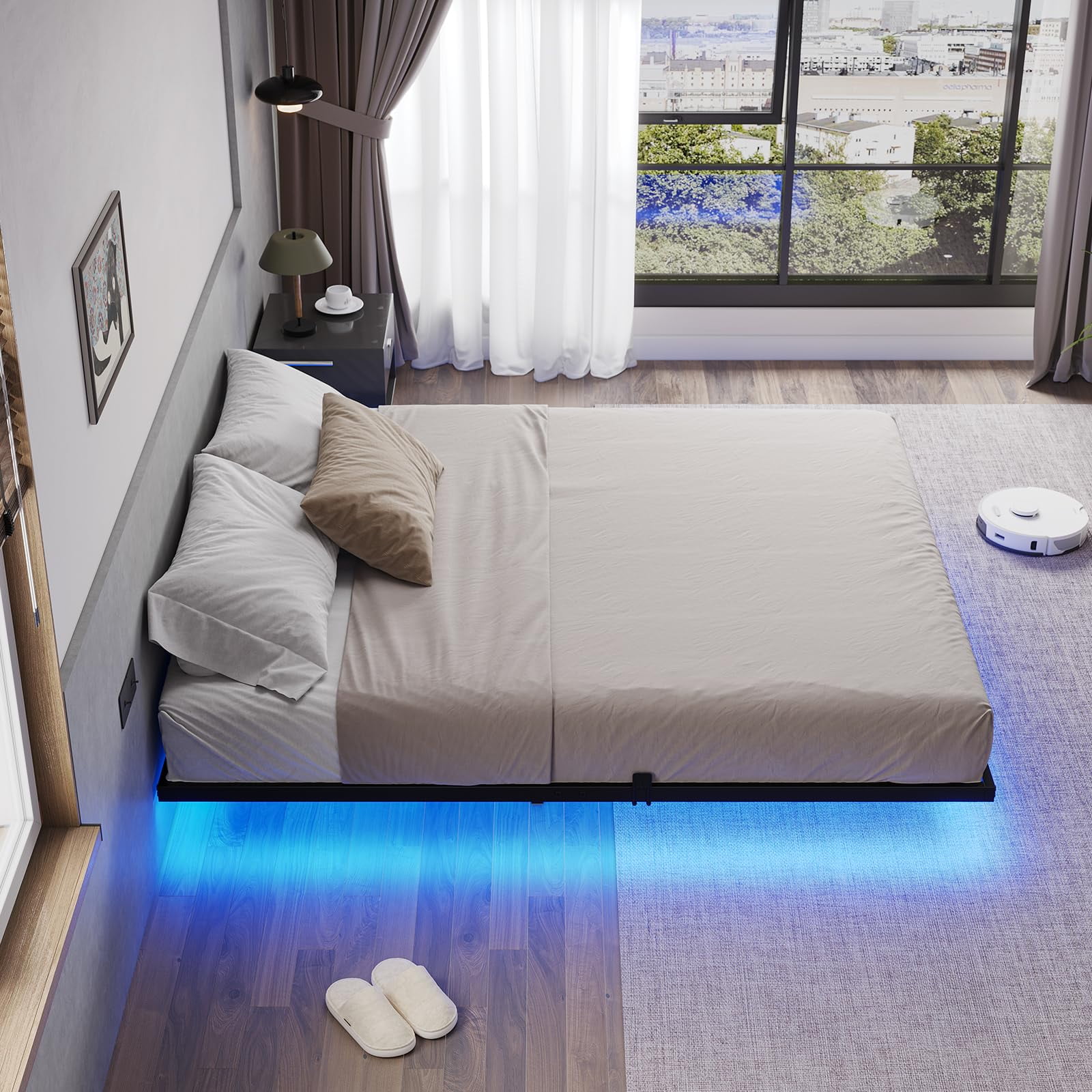 Floating Bed Frame King Size with LED Lights, Metal Platform King Bed, No Box Spring Needed, Easy to Assemble