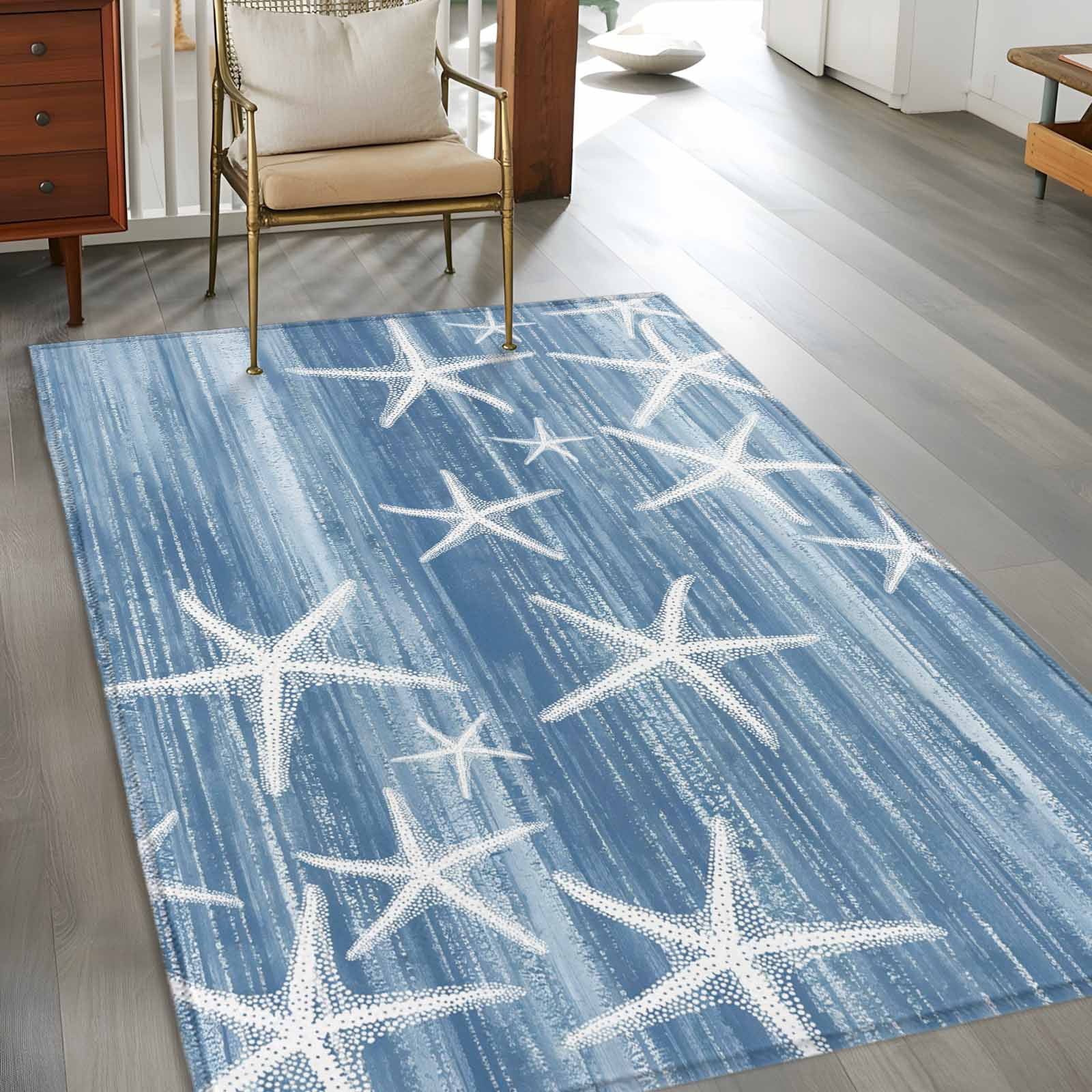 Blue Coastal Area Rugs 4'x6', Washable Small Throw Rugs for Office Bathroom, Summer Ocean Waves Ombre Sea Starfish Indoor Outdoor Rug Non-Slip Low Pile Carpet Runner Reversible Floor Mats