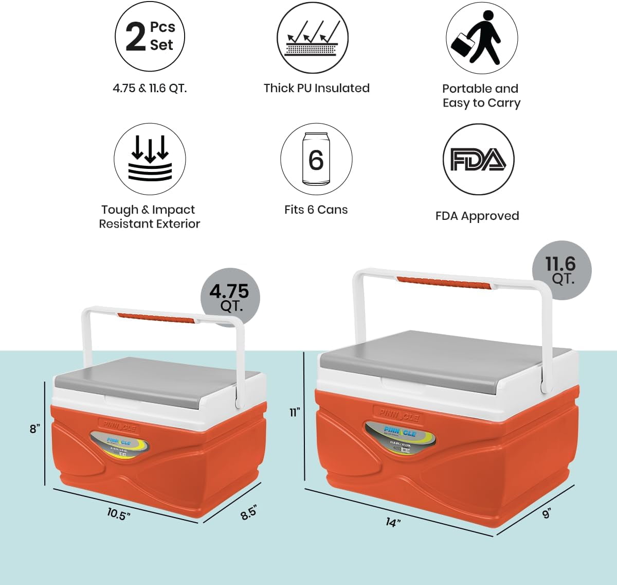 Pinnacle Thermoware 4.5 and 11 L Hard Sided Thermocooler, Orange, 2 Pack