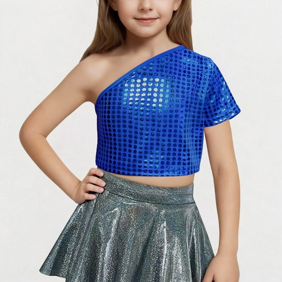 BLTIBY 2025 Girls Sequin T Shirts Solid Color Summer Short Sleeve One Shoulder Dance Costume Kids Performance Outfit with Exposed Waist and Navel Top Blue 9-10 Years