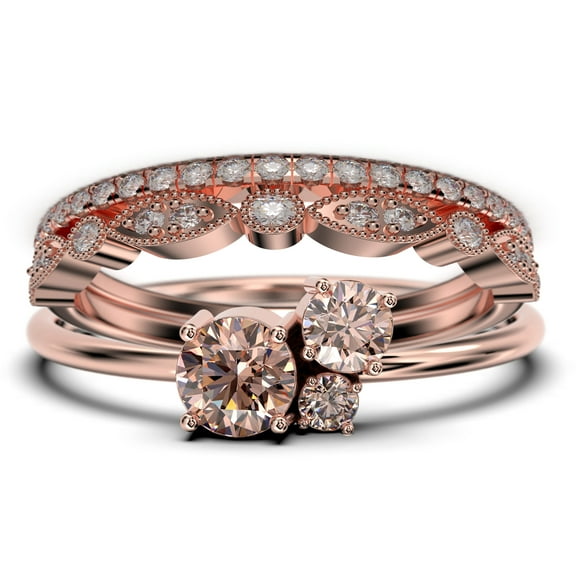 Unique 3 Stone Minimalist 1.55 Carat Round Cut Morganite Engagement Ring, Trilogy Ring, Wedding Ring in 925 Sterling Silver With 18k Rose Gold Plating, Trio Set, Matching Band