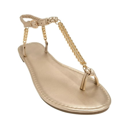 

Rewenti Women s Fashion Metal Chain Sandals with Flat Toe and Round Head Beach Sandals Khaki 5.5(36)