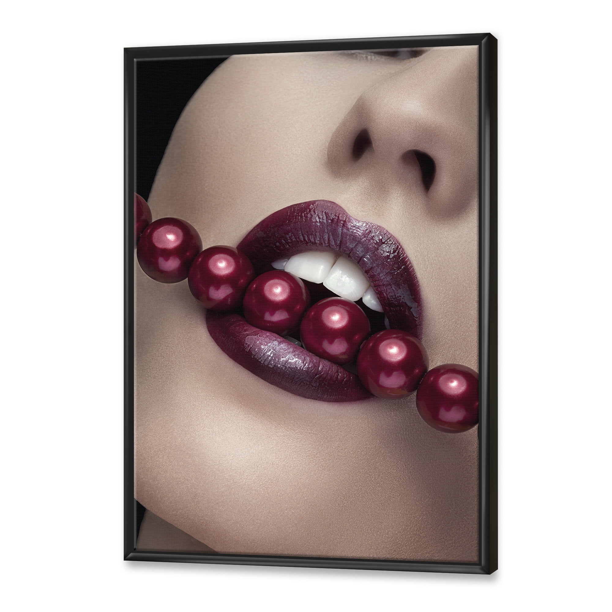 Designart 'Girl Bitting With Red Lips With Red Pearls' Modern Framed Canvas Wall Art Print