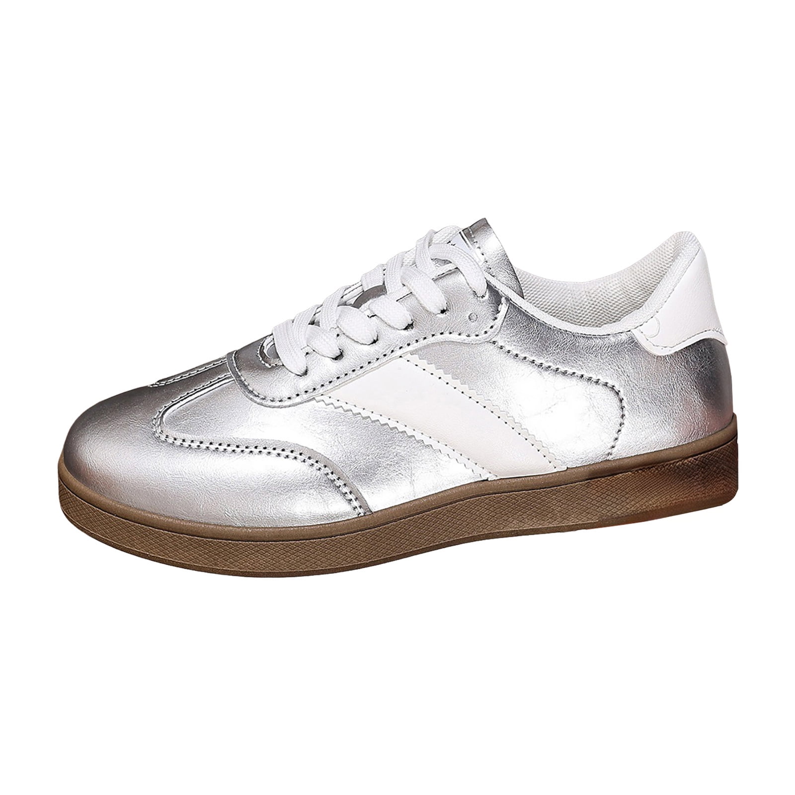 Womens Skate Shoes Comfy Arch Support Tennis Walking Shoes Fashion Color Block Lace up Nonslip Trainers Sneakers Silver Size 7.5