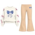 thumbnail image 3 of QTBIUQ Girls Two-Piece Fall Winter Set Bow-Decorated Long-Sleeve Sweatshirt with Rhinestone-Bow Print and Flared Pants Outfit Set, 3 of 8