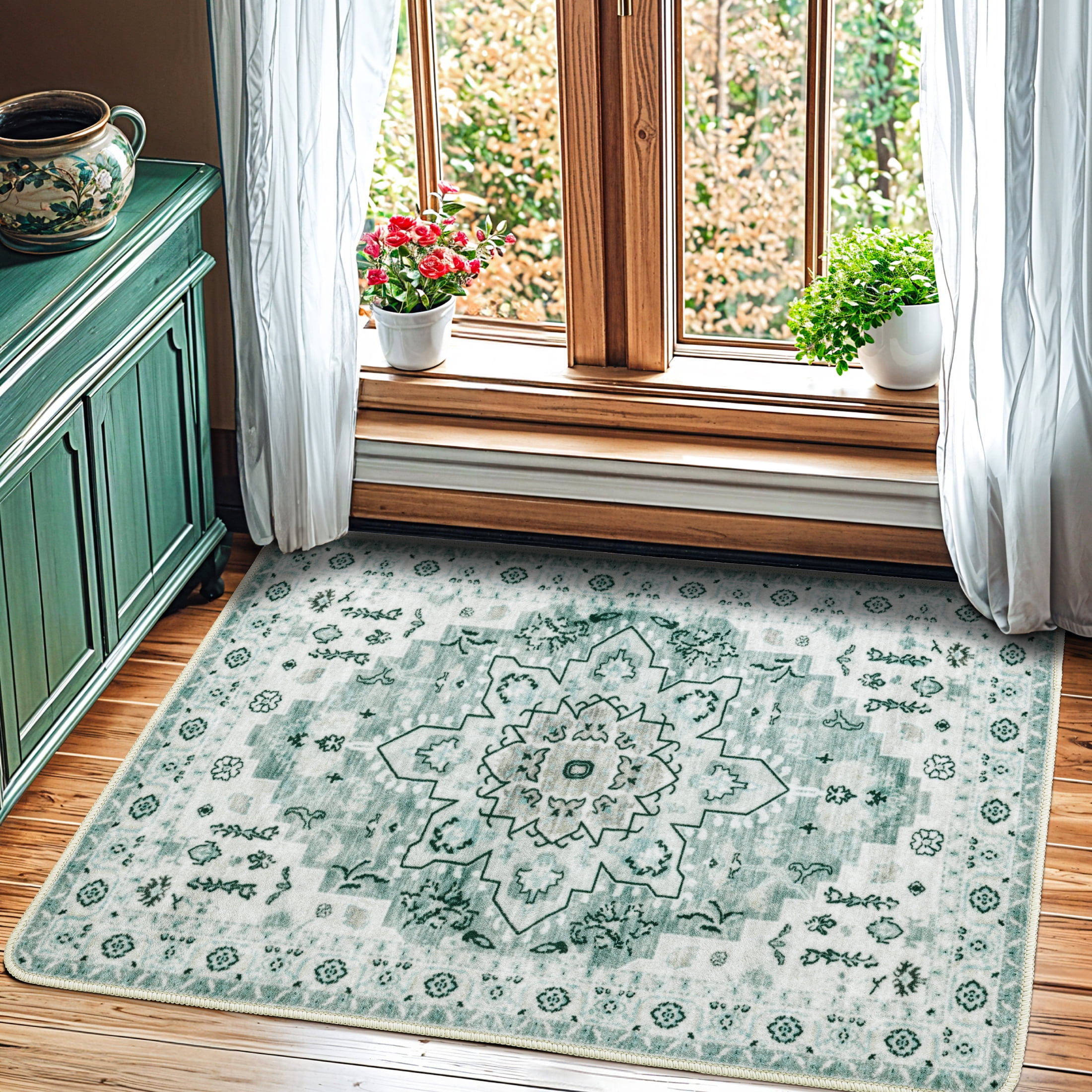 Sonoro Kate 2x3 Area Rugs for Living Room Bedroom, Non Slip Boho Machine Washable Indoor Floor Carpet, Green