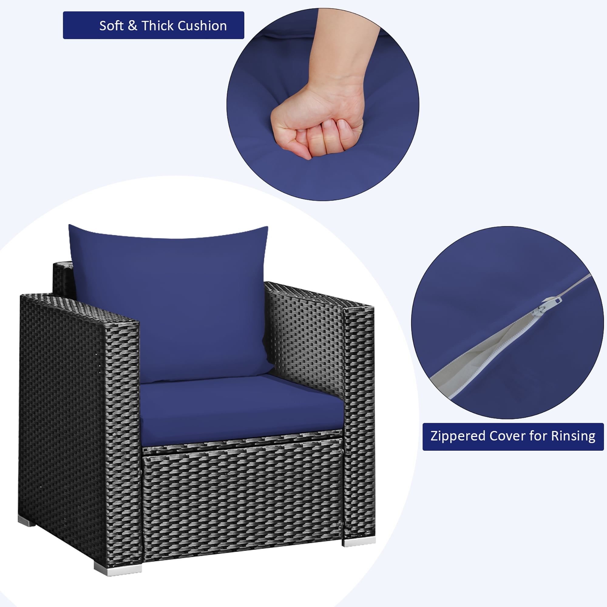 Costway 3PCS Patio Rattan Wicker Furniture Set Sofa Table W/Cushion Yard Navy
