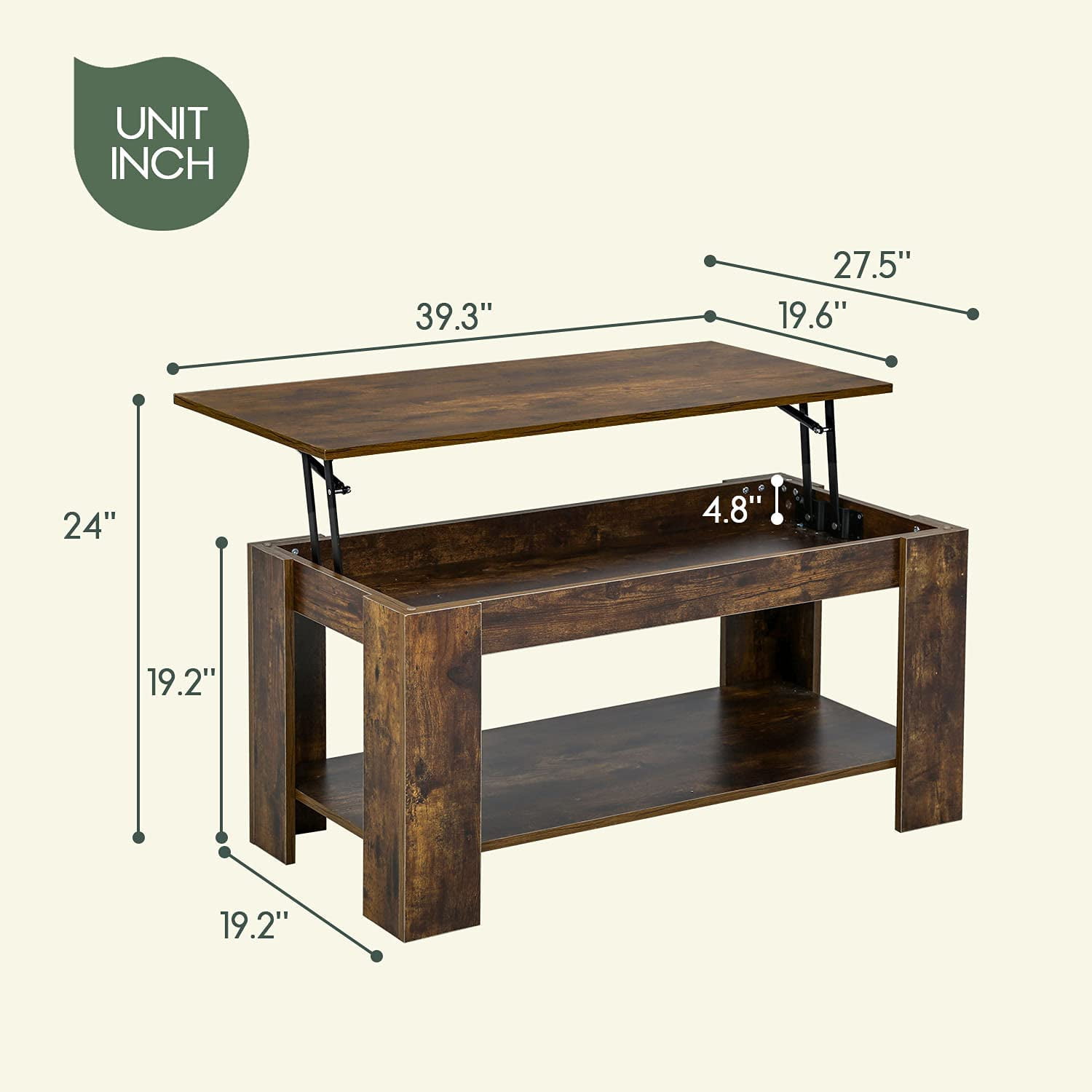 FDW Lift Top Coffee Table with Hidden Compartment and Storage Shelf Wooden Lift Tabletop(Brown)