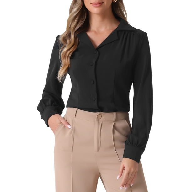 Camisa de trabajo vintage de mujer con cuello, de manga larga y botones, color negro