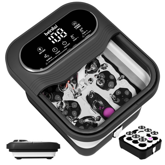 Beinilai Collapsible Foot Spa Electric Rotary Massage,Foot Bath with Heat,Tem Control,Bubbles, and 24 Motorized Shiatsu Massage Balls  for Feet Stress Relief-Black