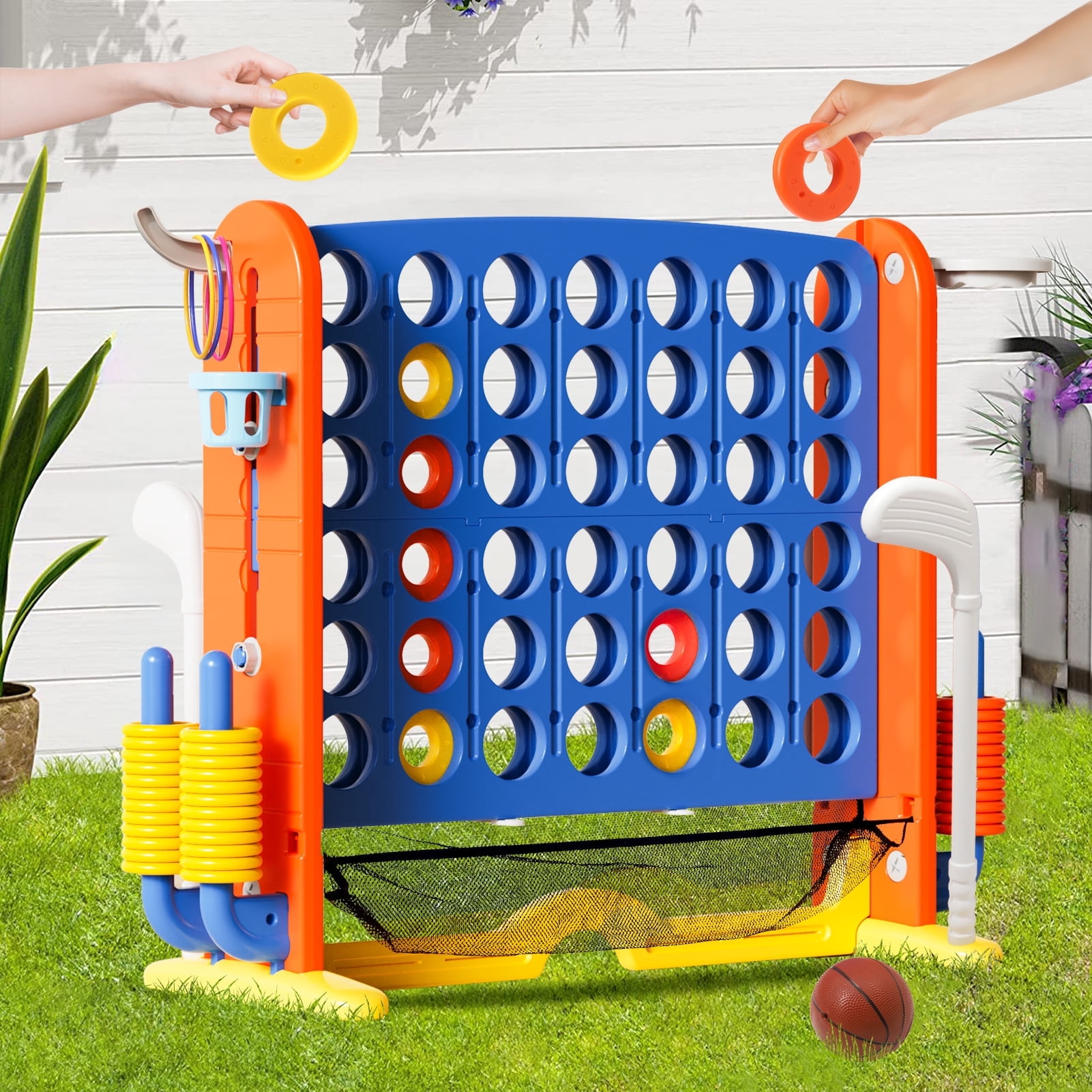 Wdmiya Jumbo 4-to-Score Giant Game Set, 4-in-a-Row Connect Game for Adults Kids Family Fun, Indoor Outdoor Adjustable Height Yard Family Game with w/ Golf Set, Basketball Hoop, Blue Red