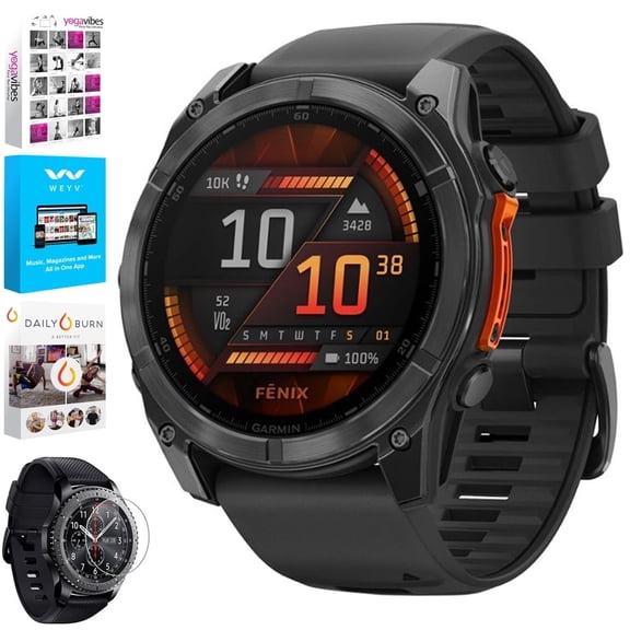 Garmin 010-02905-00 Fenix 8 51 mm, AMOLED Slate Gray with Black Silicone Band Bundle with Tech Smart USA Fitness & Wellness Suite   Deco Essentials 1.4 Inch Screen Protector