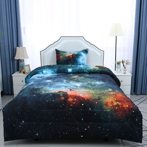 PiccoCasa 2Pcs Twin Soft Comforter Set All-Season Winter/Fall for Bedding, Galaxies Blue, Includes 1 Comforter, 1 Pillow Cases