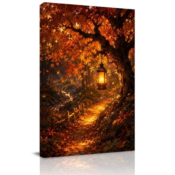 Canvas Wall Art, Fall Maple Forest Framed Canvas Prints for Living Room Bedroom, Thanksgiving Country Path Scenery Extra Large Gallery Wrapped Wall Decor for Home Office, Gifts, 24"x36" Ship Next Day