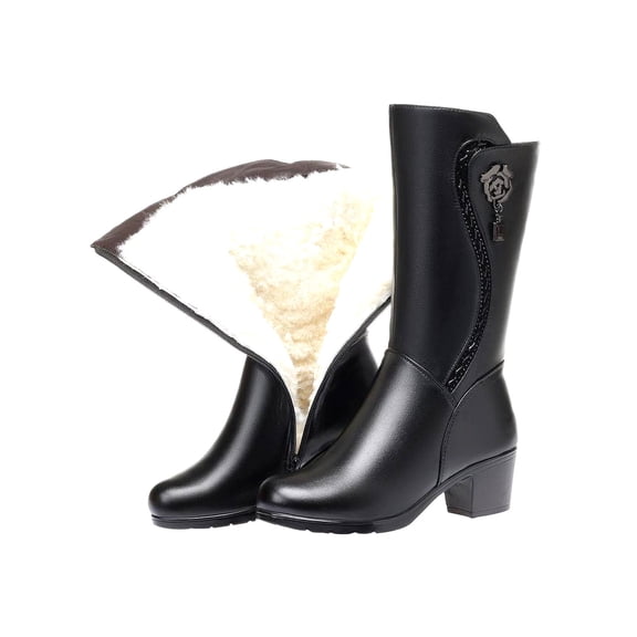 KIJBLAE Women's Winter Boots Faux Fur Lined Knee High Warm Booties Faux Leather Chunky Heel Side Zipper Snow Boots Comfortable Mid Calf Shoes Black 42