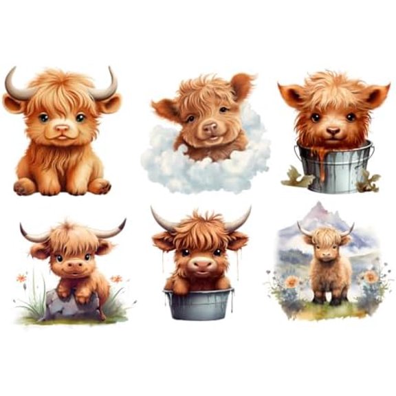 6 Piece 5"x5" Cute Highland Cows 100% Cotton Fabric Panel Squares | Quilting Panel Blocks MP101$$Art & Craft