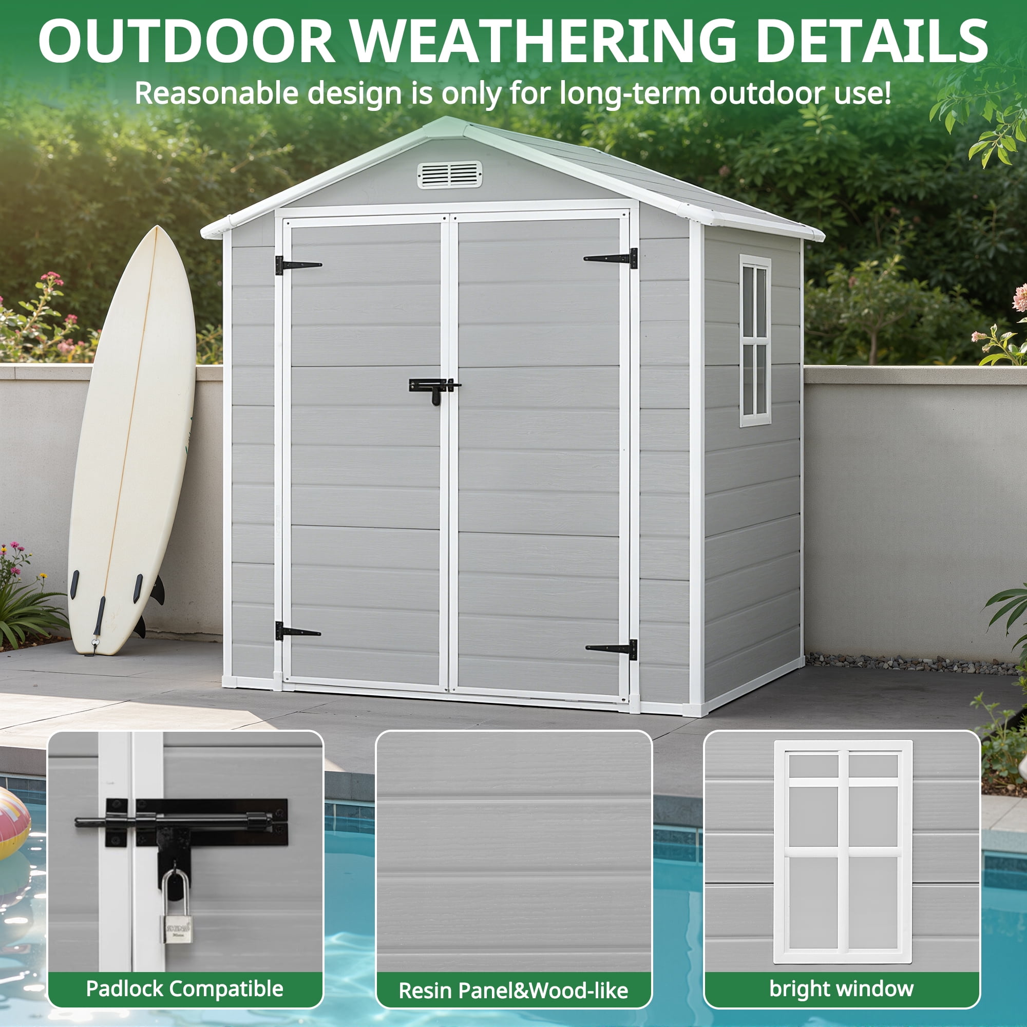 6×4.4ft Outdoor Shed & Storage, Seizeen All-Weather Plastic Sheds with Floor, Sloped Top Garden Shed with Window, Lockable Double Door Resin Patio Storage for Garage Backyard Bike Mower