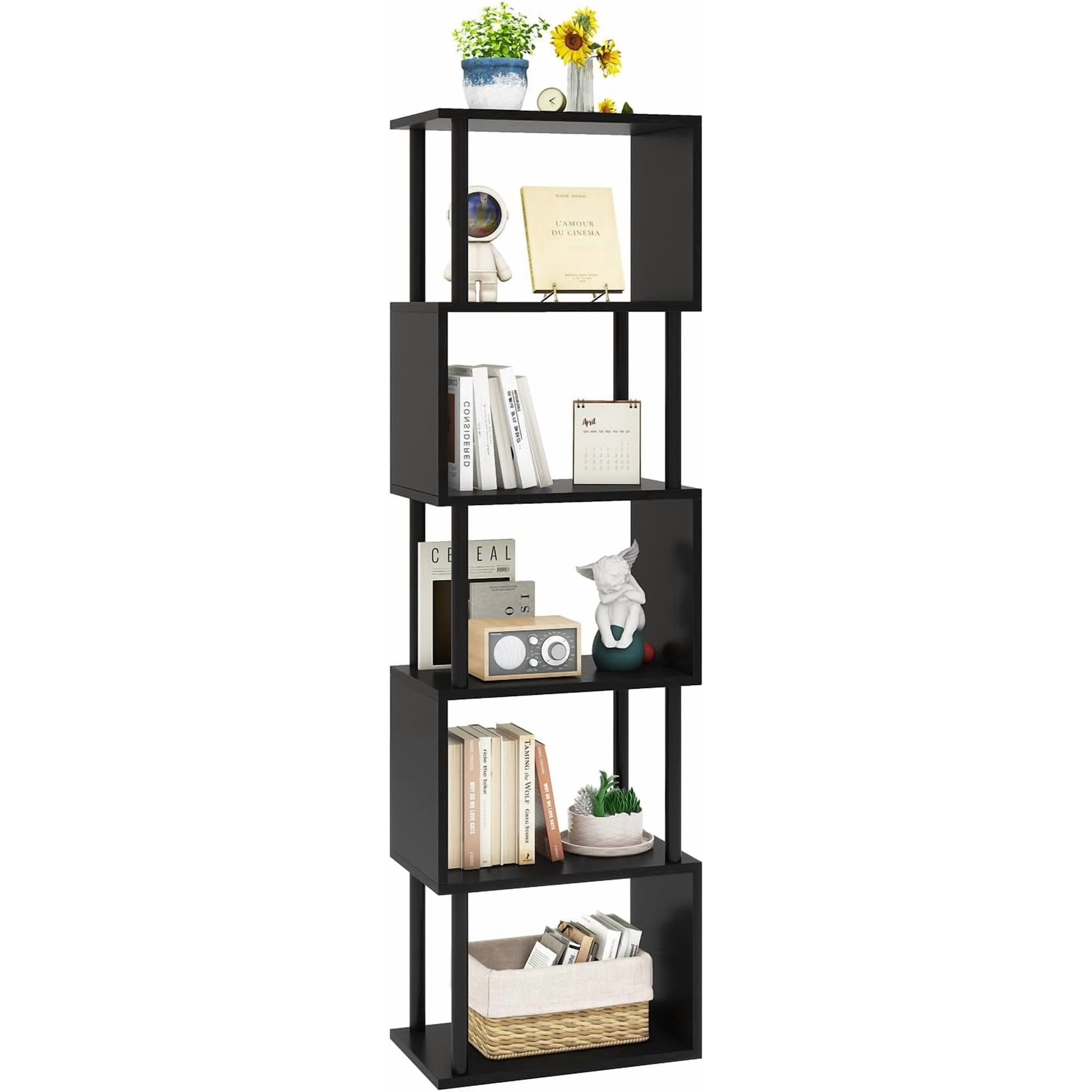 6-Tier Tall Bookshelf S-Shaped Geometric Bookcase Black WBC016B | Wood Display Shelves with Storage Industrial Decorative Storage Shelving for Living Room Bedroom Home Office