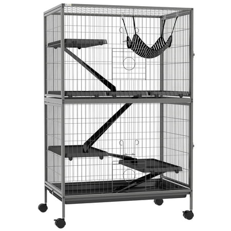 PawHut 50" 5-Tier Small Animal Cage, Ferret Cage, Large Chinchilla Cage with Hammock Accessory & Heavy-Duty Steel Wire, Small Animal Habitat with 4 Doors, Removable Tray, Gray