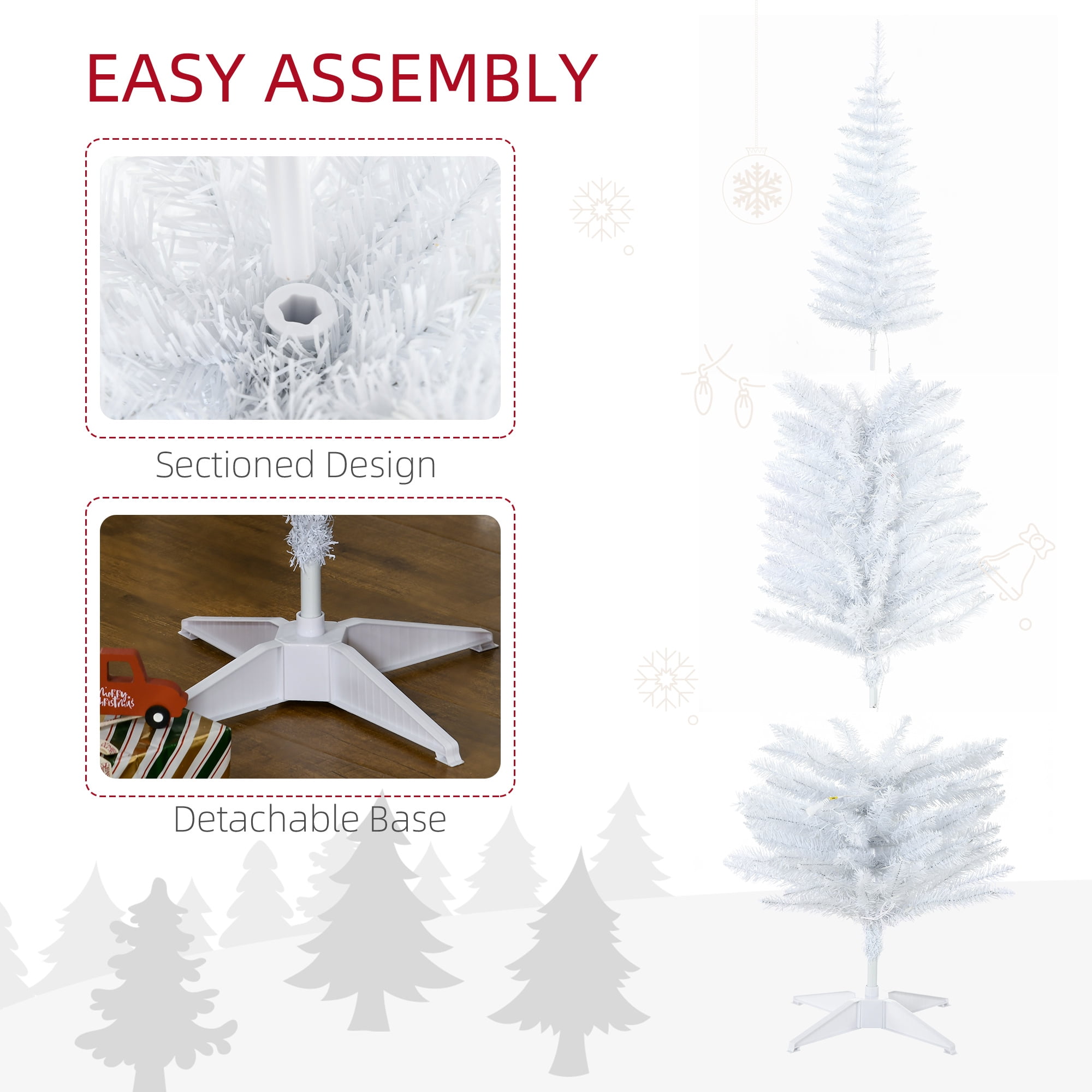 6FT White Slim Pencil Artificial Christmas Tree, 390 Tips 200 Warm White LEDs, Section Design, Flame Retardant Sturdy Base, Indoor Holiday Decor