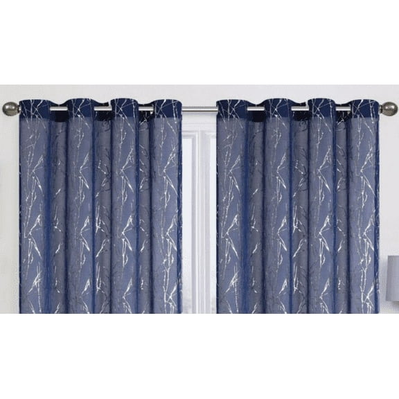 SET OF 2 MARTINA GROMMET TOP SNOW VOILE CURTAIN PANELS WITH SILVER METALLIC ACCENT, 90" LONG, NAVY