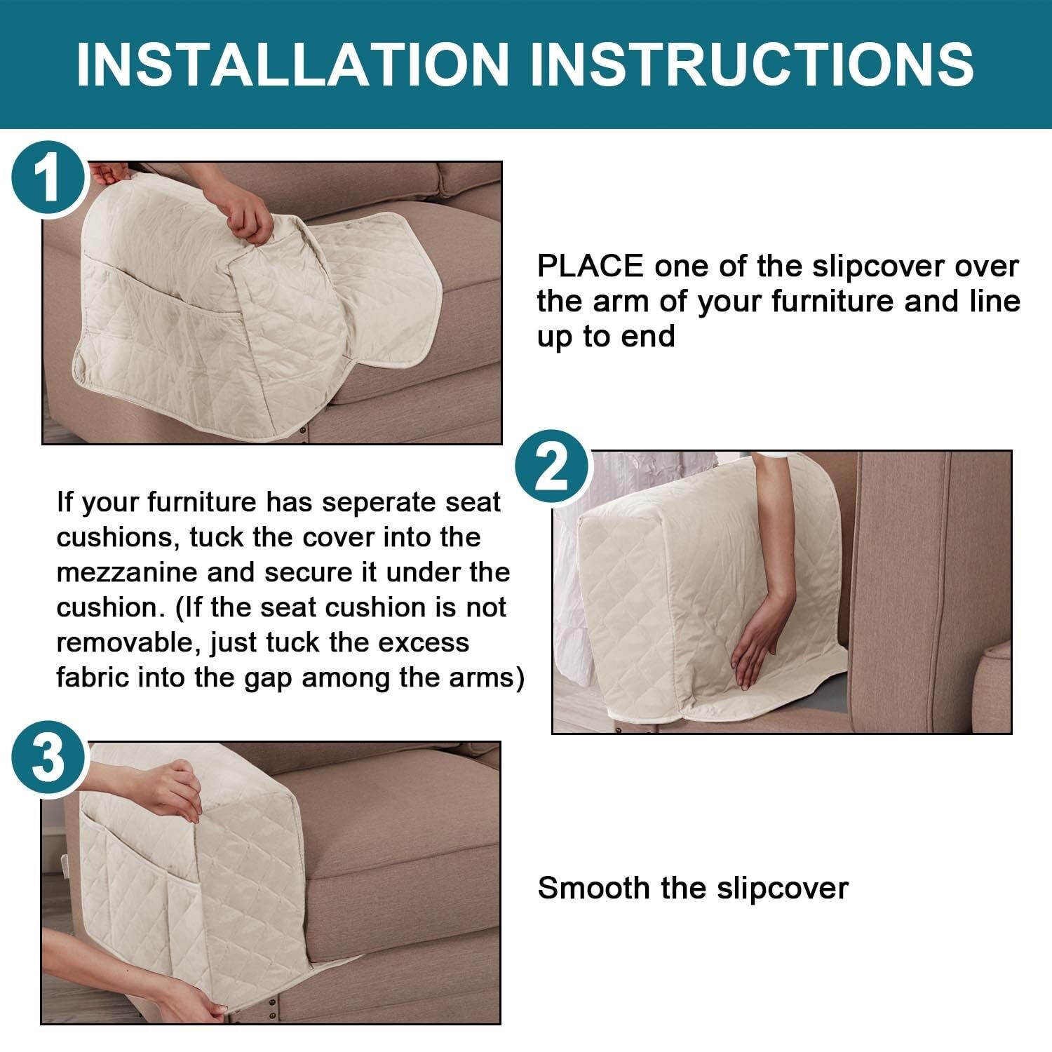 2 Pack Waterproof Armrest Covers for Chairs and Sofas Couch Arm Covers for Sofa Armrest Covers with Side Pocket Anti-Slip Furniture Protector Washable Armrest Slipcovers Set of 2