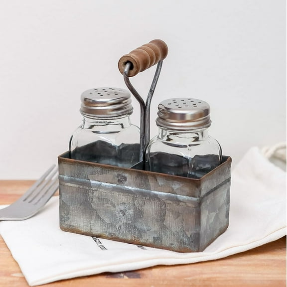 Salt and Pepper Shakers Set with Holder, Rustic Salt and Pepper Shakers with Galvanized Metal Caddy, Vintage Farmhouse Salt and Pepper Set for Restaurant Kitchen Table Decor
