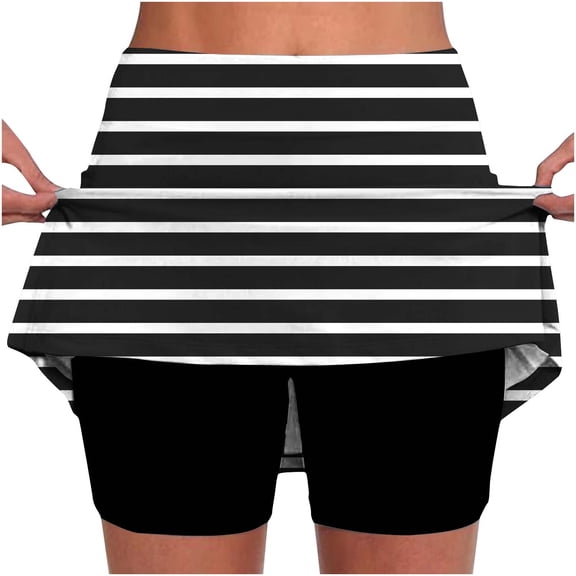 DeHolifer Women's Striped Skort with Built-in Shorts Breathable Casual Summer Shorts Stretchy High Waisted Skirt Black M