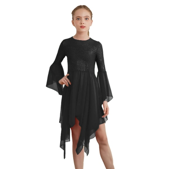 iiniim Kids Girls Asymmetrical Liturgical Praise Dance Sequins Worship Tunic Celebration of Spirit Dress Black 8