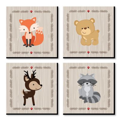SET of 4 Nursery ART prints posters SPRING FOREST ANIMALS New Baby Decor picture 
