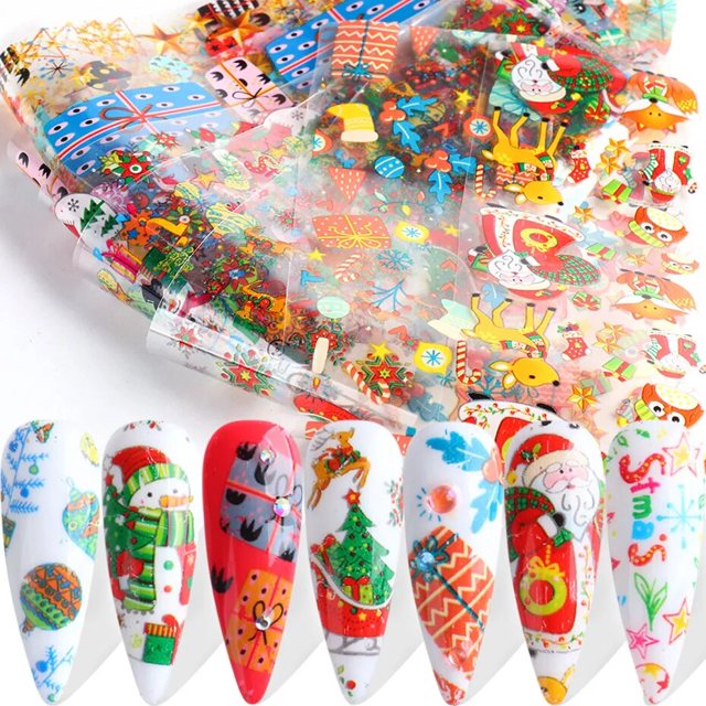 Pegatinas navideñas de piezas para uñas, láminas de transferencia de copos de nieve, Santa, alce, calcomanías adhesivas, envolturas de manicura, SAXK9126, 10 Uds.