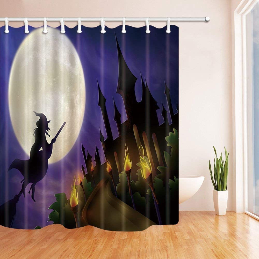 ARTJIA Illustration Halloween Witch on Broom to Castle Polyester Fabric ...