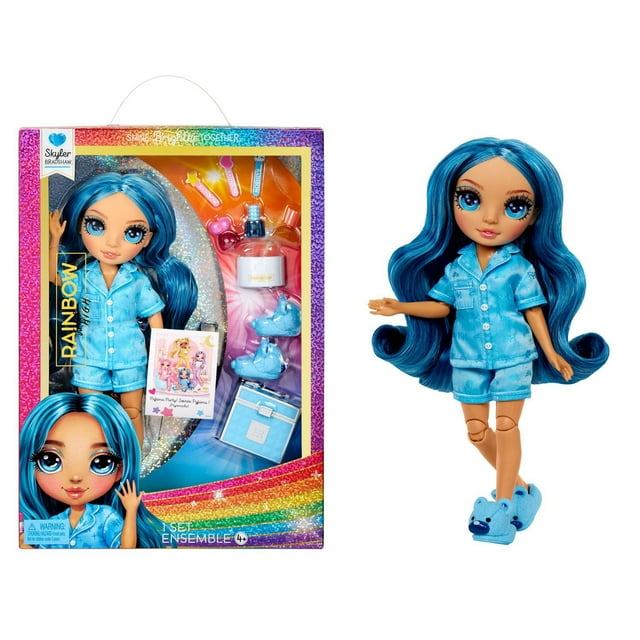 Soirée pyjama Rainbow High Jr High - Poupée articulée Skyler (bleue) de 9 po (23 cm)