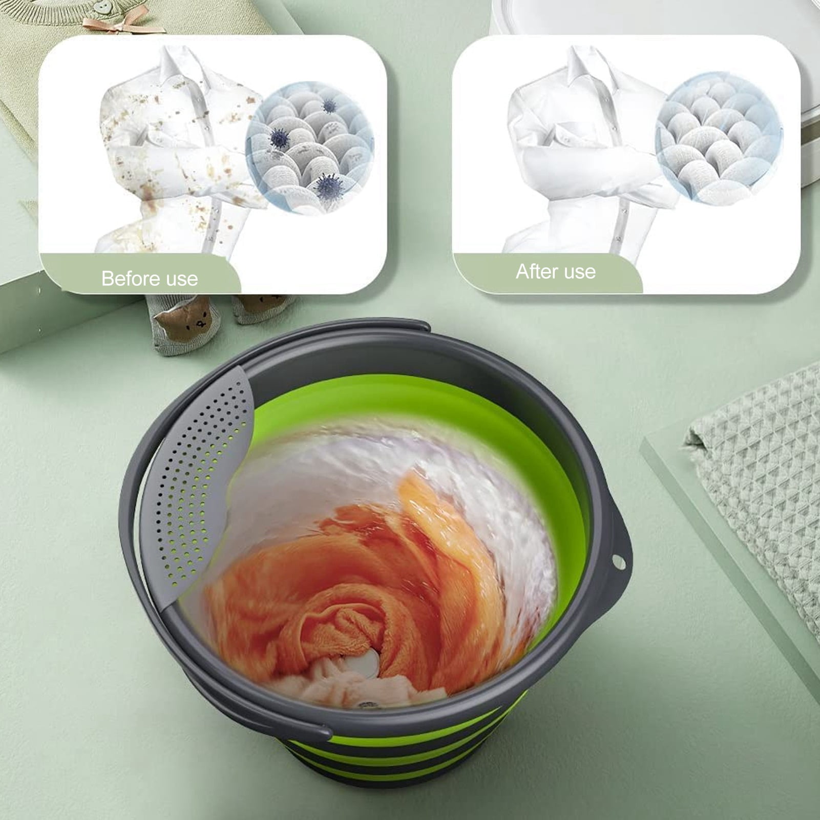 BOKYAN 10L Foldable Mini Washing Machine Portable Ultrasonic Washer for Dorm Underwear Socks Green (13.39 inches / 34 cm)