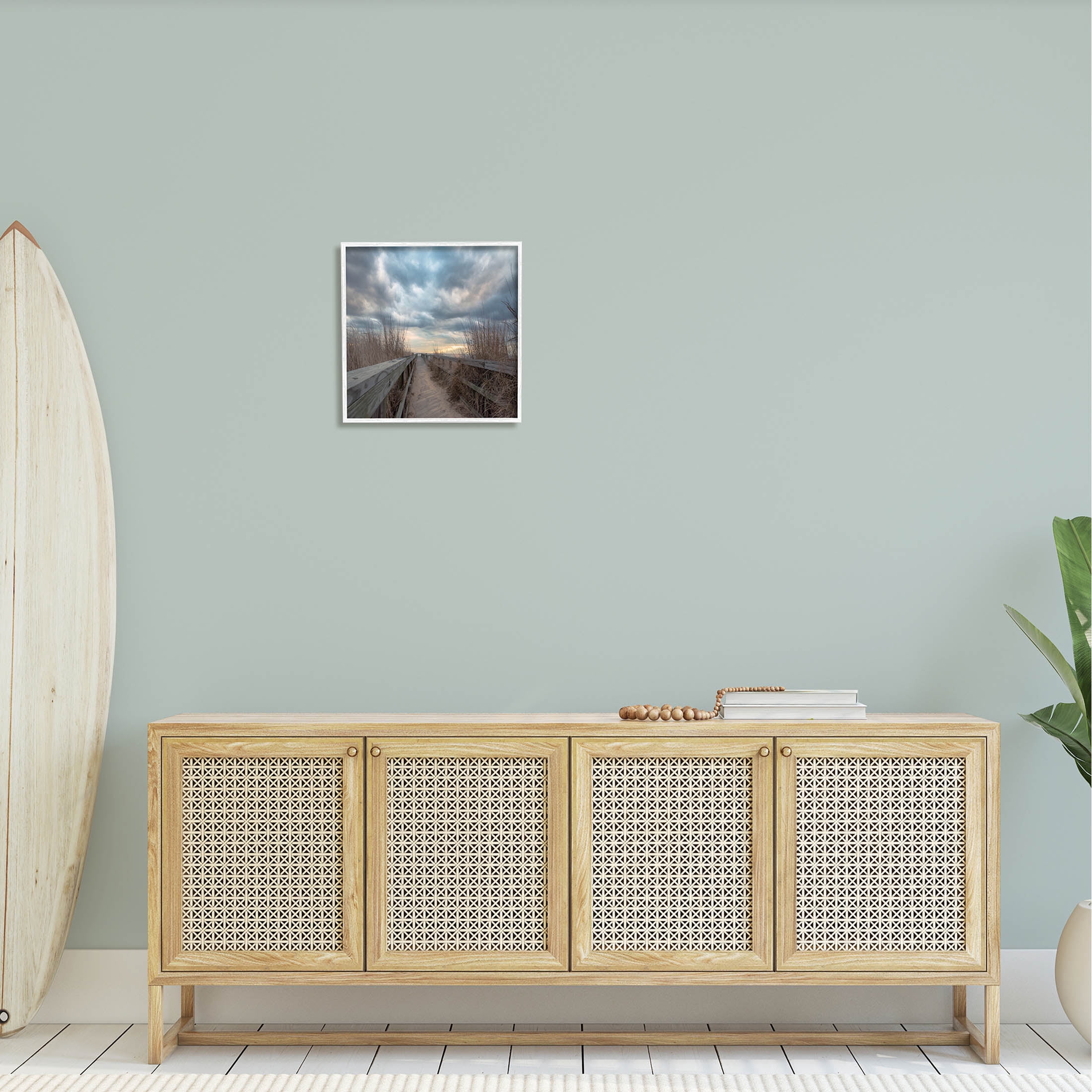 Cloudy Coastal Boardwalk View Coastal Photograph White Framed Art Print Wall Art