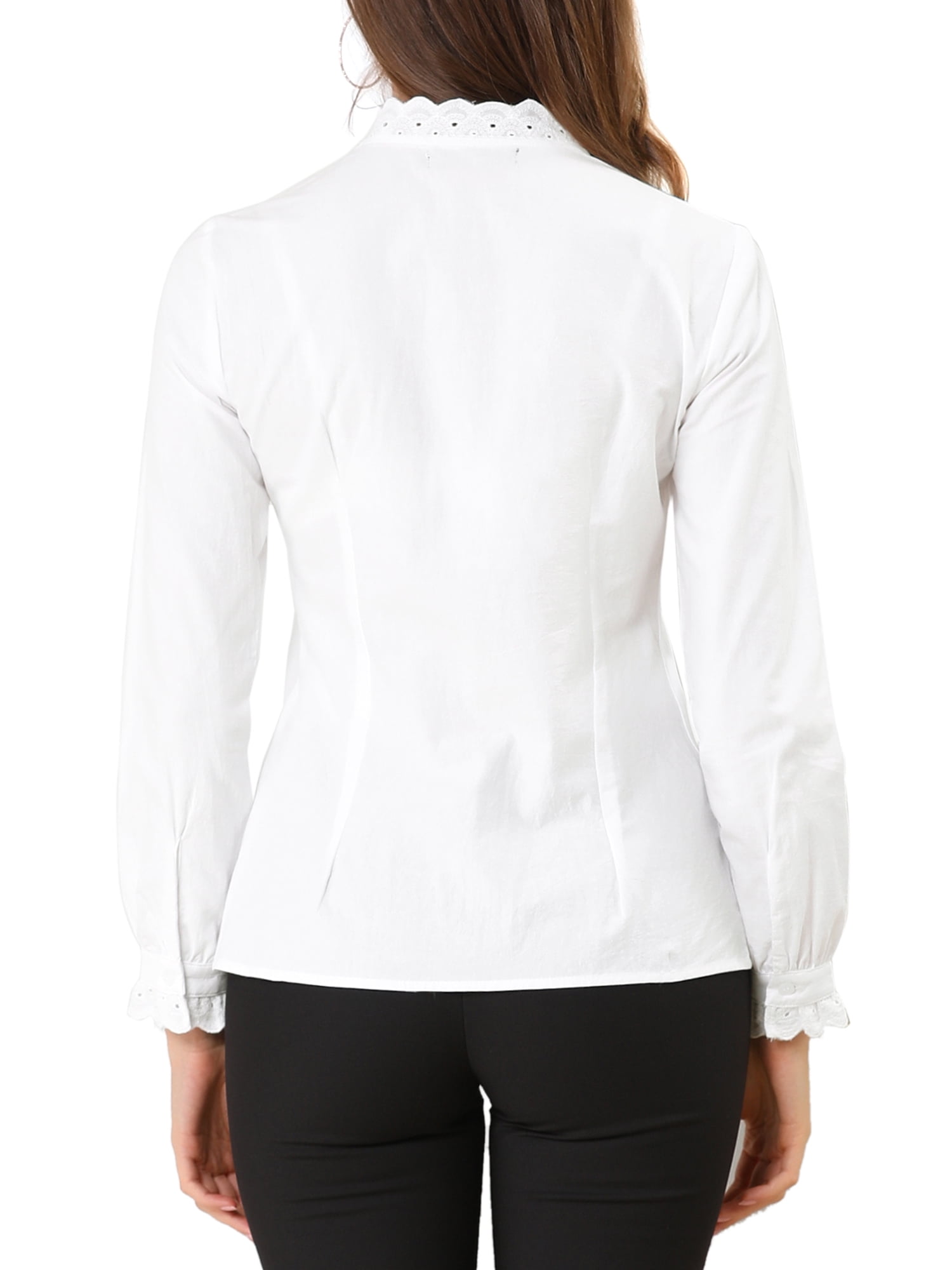 DARING DIVA Women's Ruffled Lace Button Up Long Sleeve Shirt S White