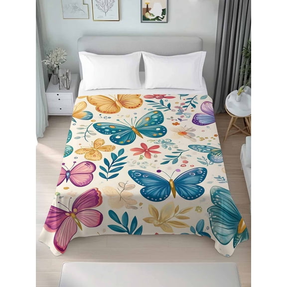 Spring Butterflies King Size Flat Sheet, Wrinkleproof & Fadeproof Cooling Flat Bed Sheet Only, Summer Countryside Leaf Flowers Breathable Soft Bedding Top Sheets 105 x 98 Inches