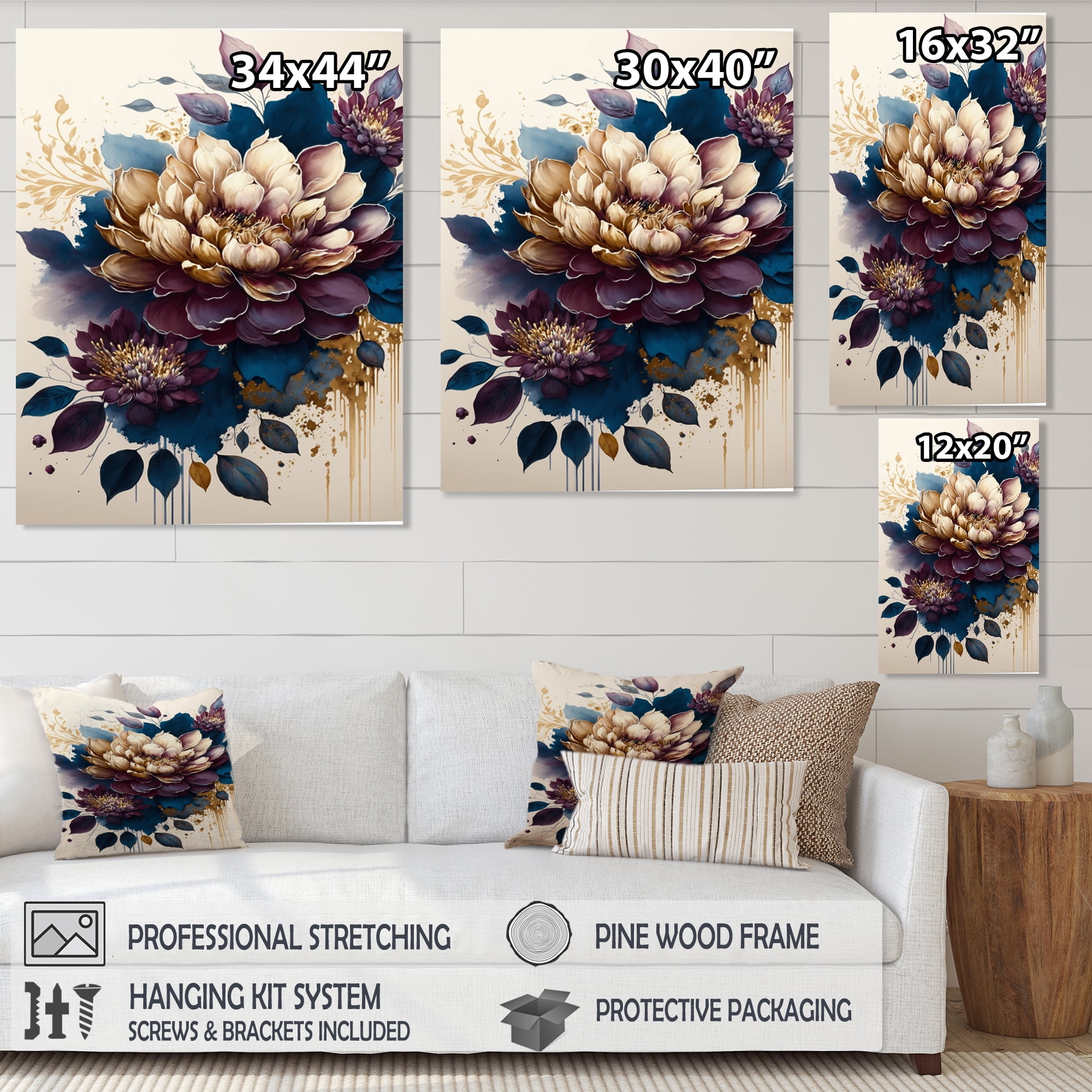 Designart Burgundy And Blue Dahlia Bunch I Canvas Wall Art