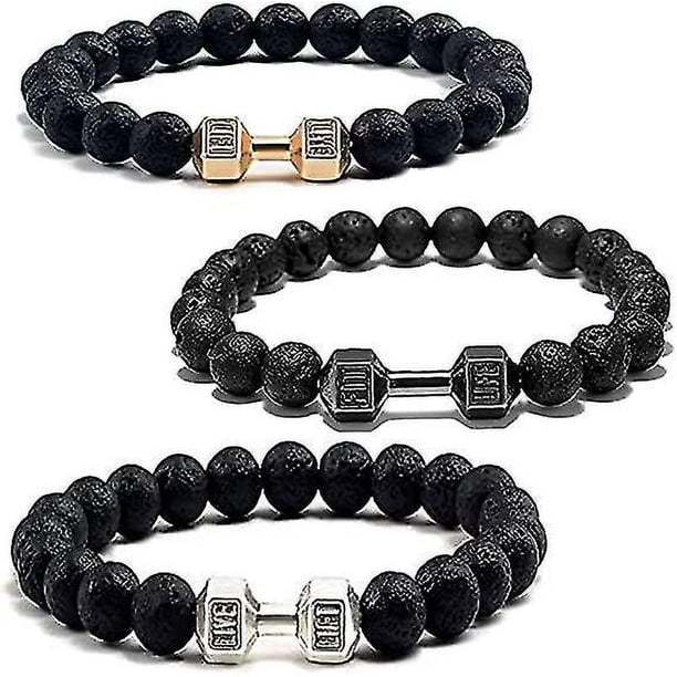 3pcs Traintough Dumbbell Bracelet, High Quality Men Beaded Bracelet Volcanic Lava Stone Dumbbell Bracelet Gifts For Men