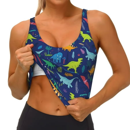 Qokaie Dinosaurs Adventure Pattern Womens Scoop Neck Sports Bra Breathable Workout Vest Padded U Back Medium Impact Fitness Gym Yoga Bra Workout Crop Top