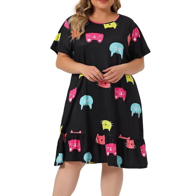 Kelon Nuisettes et Chemises de Nuit pour Femmes en Solde Jupe Décontractée Mélangée pour Femmes Nuisette Grande Taille pour Femmes Manches Courtes Confortable Robe de Nuit Chat