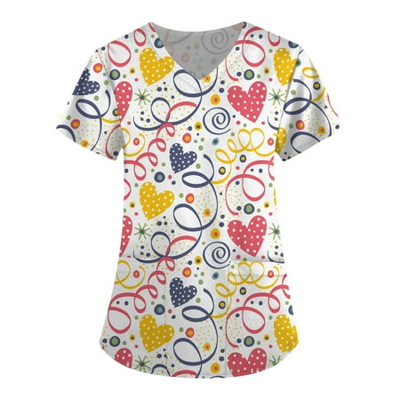 

TKing Fashion Women Plus Size Scrubs Top V-Neck Short Sleeve Animal Print Pockets Work Blouse for Women Pink L