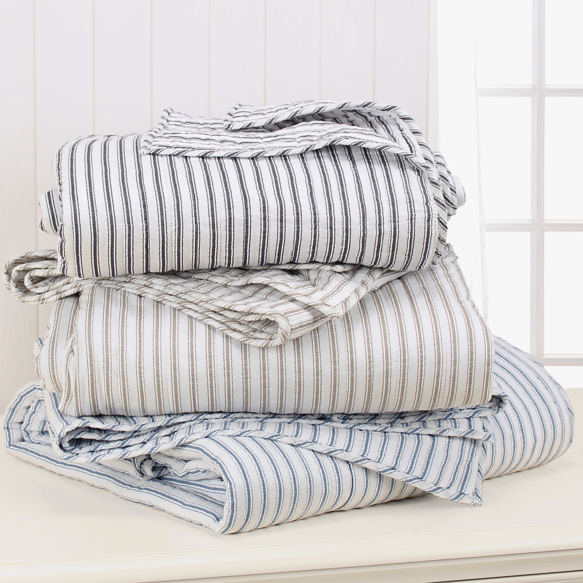 Levtex Home - Tobago Stripe Taupe Quilt Set - King Quilt + Two King Pillow Shams - White, Taupe - Quilt Size (106x92in.) and Pillow Sham Size (36x20in. ) - Reversible - Cotton Fabric