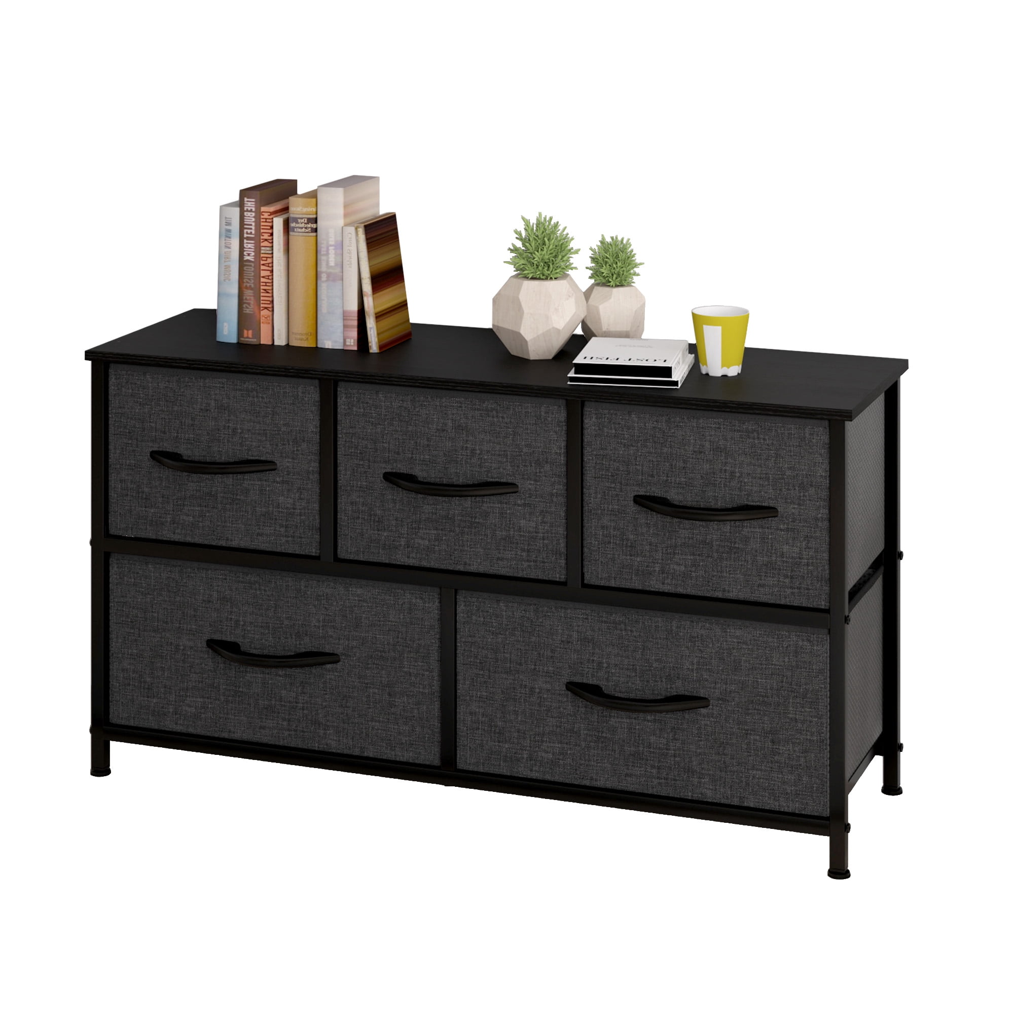 DEXTRUS 5 Drawers Wide Storage Fabric Dresser with Sturdy Steel Frame, Easy Pull Fabric Bins for Living Room, Closets for Adult, Black