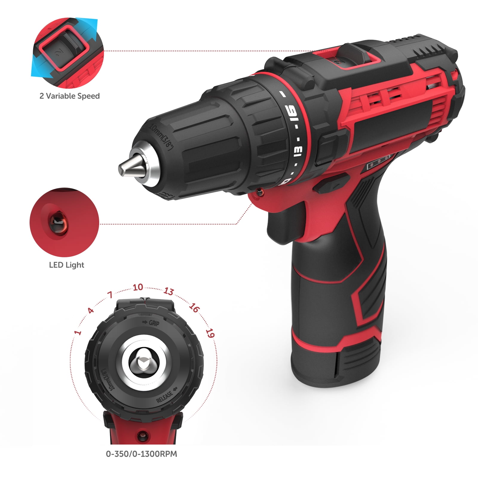 Cordless Drill Driver Kit 3/8 Keyless Chuck 18+1 Clutch 21V Impact Drill Set with 1.5Ah Li-Ion Battery & Charger 450 In-lb Torque 0-350/0-1400RMP Variable Speed Drilling Wall Brick Wood Metal 