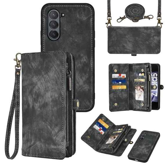 Asuwish Compatible with Samsung Galaxy Z Fold 5 5G 2023 Phone Case Zipper Wallet Detachable Strap Flip Card Holder Cell Cover for ZFold5 Z5 G Fold5 5Z Women Girls Black
