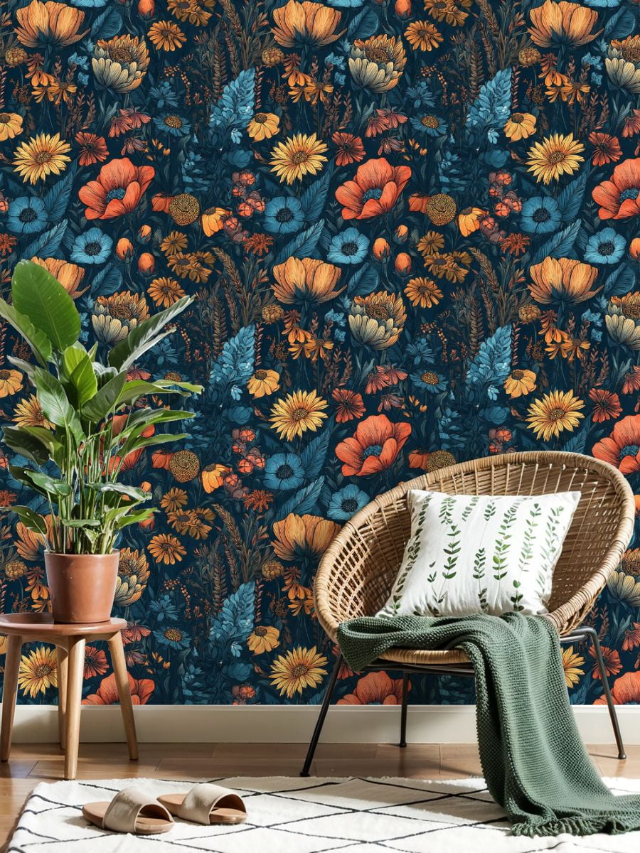 Vintage Peel and Stick Wallpaper 17.7in x 9.8ft Vintage Floral Sunflowers Blue Flowers Dark Contact Paper Vinyl Self-Adhesive Removable Wall Paper for Bedroom Kitchen Cabinet Renter Friendly