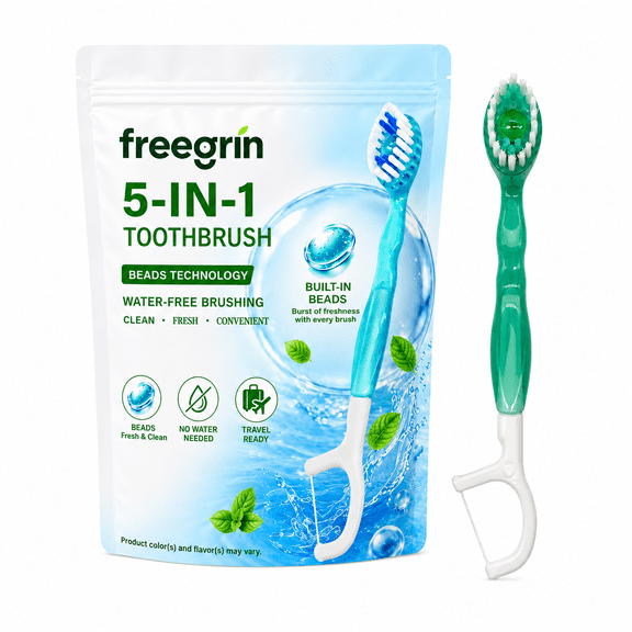 Freegrin 5 in 1 Disposable Toothbrushes with Toothpaste, Floss, Pick and Tongue Scraper, Individually Wrapped Travel Size, Green Tea Flavor, 12 Count