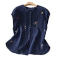 thumbnail image 4 of TEAJOPSUU Womens Loose Tank Tops Cute Floral Embroidery Ruffle Trim Sleeveless Blouse Round Neck Button Front Solid Color Shirt for Summer Daily Wear Navy, 4 of 7